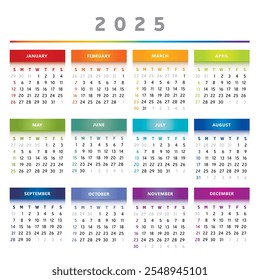 2025 Calendar with Boxes in Rainbow Colors 4 Columns - English