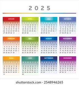 2025 Calendar with Boxes in Rainbow Colors 4 Columns - German