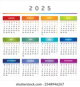2025 Calendar with Boxes in Rainbow Colors 4 Columns - German