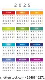 2025 Calendar with Boxes in Rainbow Colors 4 Columns - German