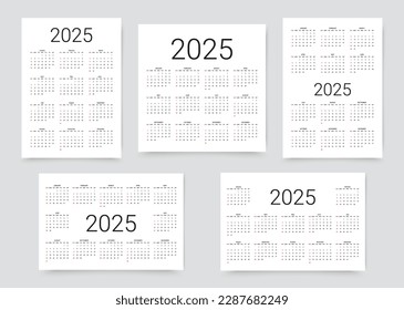 calendario 2025. Diseño de calendario. Plantilla de planificador de escritorio. La semana comienza el domingo. Cuadrícula anual de organizadores con 12 meses. Ilustración vectorial. Formatos de bolsillo o de pared en inglés. Diseño sencillo.