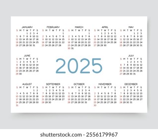 2025 calendar. Calender template. Week starts Sunday. Desk, pocket planner layout with 12 months. Horizontal format. Yearly organizer grid. Monthly diary in simple design, English. Vector illustration