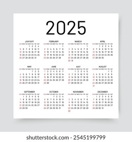 Calendario 2025. Calendario por año. Plantilla del planificador. La semana comienza el domingo. Diseño del programador. Organizador anual con 12 meses. Diseño cuadrado en inglés. Ilustración vectorial. Maqueta de bolsillo.