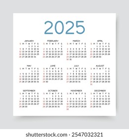 Calendario 2025. Calendario por año. Plantilla del planificador. La semana comienza el domingo. Organizador anual con 12 meses. Diseño del programador. Diseño cuadrado en inglés. Maqueta de bolsillo. Ilustración vectorial.