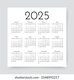 Kalender 2025. Kalender für das Jahr. Planungsvorlage. Jährlicher Organisator mit 12 Monaten. Die Woche beginnt am Sonntag. Planer-Layout. Square design auf Englisch. Taschenmodell. Vektorgrafik.