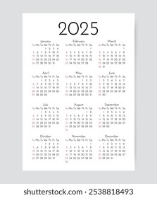 2025 calendar. Calender for year. Pocket or wall template. Yearly organizer with 12 month. Week starts Sunday. Scheduler layout in simple design. Vector illustration. Portrait vertical orientation A4