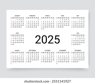 Calendario 2025. Calendario por año. Plantilla de bolsillo o pared. La semana comienza el domingo. Cuadrícula del programador con 12 meses. Diseño de organizador anual en diseño simple. Ilustración vectorial. Orientación de paisaje, A4