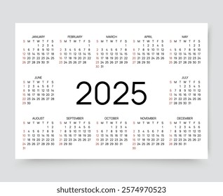 2025 calendar. Calender for year. Pocket or wall template. Yearly organizer grid. Scheduler layout in simple design. Vector illustration. Landscape horizontal orientation A4. Desk diary with 12 month