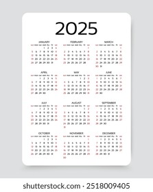 2025 calendar. Calender for year. Week starts Sunday. Pocket or wall template. Scheduler with 12 month. Yearly organizer layout in simple design. Vector illustration. Portrait vertical orientation A4