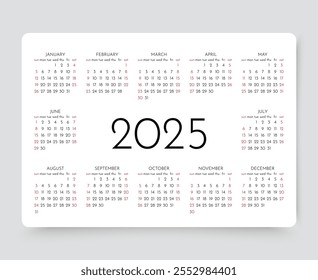 calendário de 2025. Calendário do ano. A semana começa domingo. Modelo de bolso ou parede. Layout do agendador com 12 meses. Grade anual do organizador em design simples. Ilustração vetorial. Orientação paisagem, A4