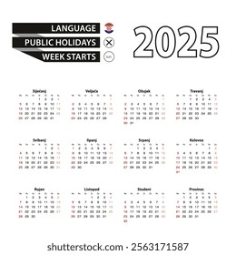 2025 calendar in Croatian language, week starts from Sunday. Vector Illustration.