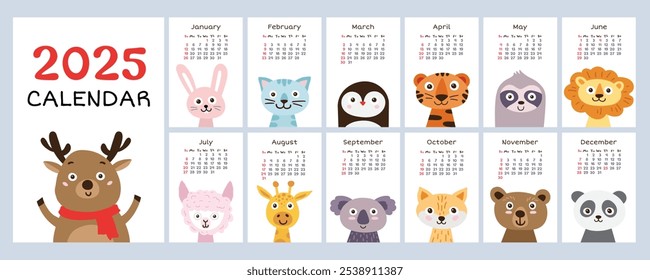 2025 calendário com animais bonitos. Calendário do planejador anual com todos os meses.