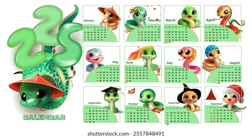 2025 calendar with cute cartoon snakes