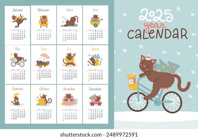 2025 Calendar with cute childish cat character for seasons activity, planner organizer template. Covers and 12 month pages brown kitten mascot. Flat vector hand drawn illustration.