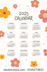 calendário 2025 com ilustração colorida bonito. conjunto de 12 meses. A semana começa no domingo. Modelo de design vetorial