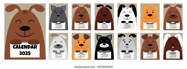 2025 calendar with cute doodle dogs. 2025 calendar A4 week start Sunday. Doodle dogs. Vector illustration