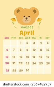 2025 calendar with cute kawaii style. Pastel Color. April