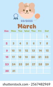 2025 calendar with cute kawaii style. Pastel Color. March