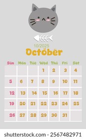 2025 calendar with cute kawaii style. Pastel Color. October