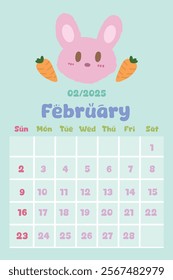 2025 calendar with cute kawaii style. Pastel Color. February