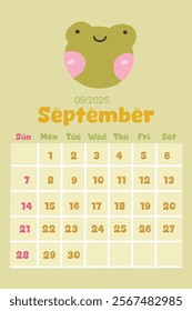 2025 calendar with cute kawaii style. Pastel Color. September