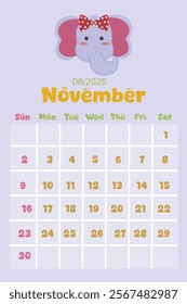 2025 calendar with cute kawaii style. Pastel Color. November