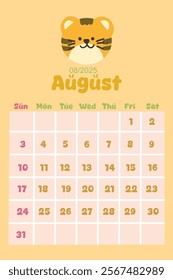 2025 calendar with cute kawaii style. Pastel Color. August