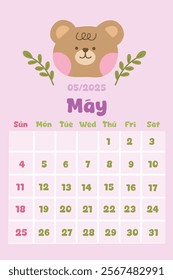 2025 calendar with cute kawaii style. Pastel Color. May