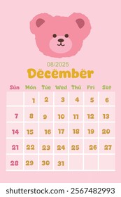 2025 calendar with cute kawaii style. Pastel Color. December