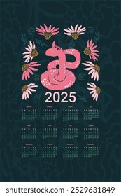 2025 Calendar with cute snake and flowers. Vertical banner with symbol of the year and coneflowers print. Vector flat illustration