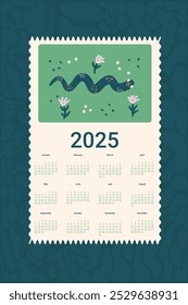 2025 Calendar with cute snake and flowers. Vertical banner organizer print. Vector illustration