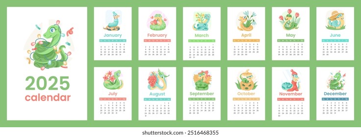 2025 calendar with cute snake illustrations for each month. Colorful and playful snake characters representing different seasons and holidays.