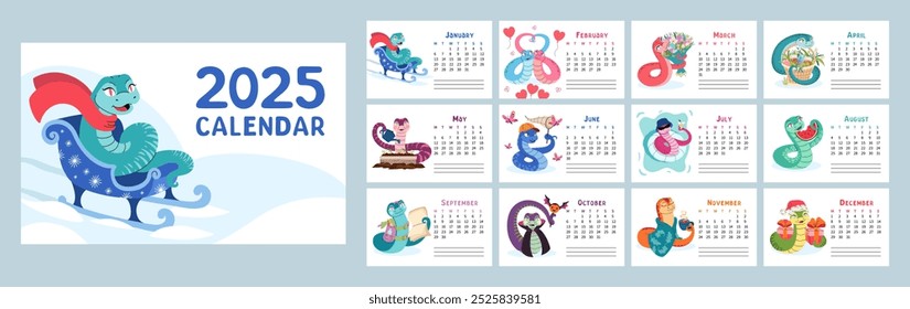 2025 calendar with cute snake vector illustrations for each month. 12 horizontal pages with Chinese New Year symbol. Colorful and playful snake characters representing different seasons and holidays.