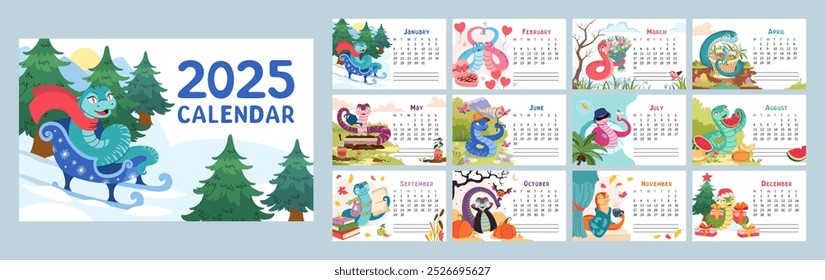 2025 calendar with cute snake vector illustrations for each month. 12 horizontal pages with Chinese New Year symbol. Colorful and playful snake characters representing different seasons and holidays.