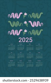 2025 Calendar with cute snakes. Vertical banner print. Vector dark illustration