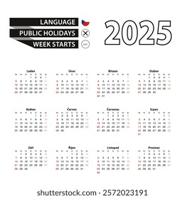 2025 calendar in Czech language, week starts from Sunday. Vector Illustration.