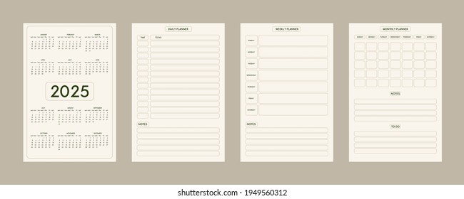 2025 calendar daily weekly monthly personal planner diary template minimalist trendy style, pastel beige olive natural color palette. Week starts on sunday