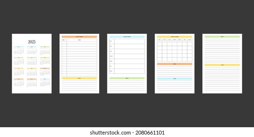 2025 calendar and daily weekly monthly personal planner diary template in classic strict style. Monthly calendar individual schedule for business notebook. Week starts on sunday