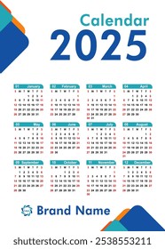 Kalender Kalender 2025, Kalender Design 2025 Vorlage, Jahreskalender 2025 Vektor. 
