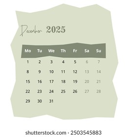 2025 Calendar: December Page on White Background. Minimalist Layout for Clear and Organized Planning. Ideal for Professional Use.