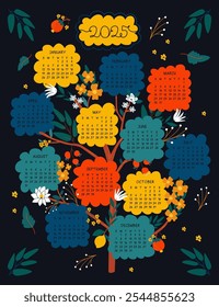 2025 calendar depicting months grow as leaves on the tree, decorated with tropical flowers and fruits on branches. Creative vector illustration on dark blue background.