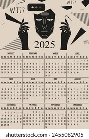 2025 Calendar design with black hand and Geometric head silhouette. Template 2025 Calender in trendy Constructivism movements style. Vector illustration. EPS 10. Editable stroke
