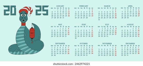 2025 Calendar design with Chinese Zodiac Snake. 2025 New Year Calendar with cute Snake in red santa hat. Playful Vector aesthetic. Editable stroke