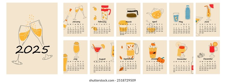2025 calendar design with different drinks for different seasons. Hand drawn calendar planner minimal style, annual organizer.