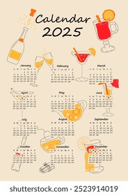 Projeto do calendário de 2025 com diferentes bebidas para diferentes estações. Planejador de calendário desenhado à mão organizador anual.
