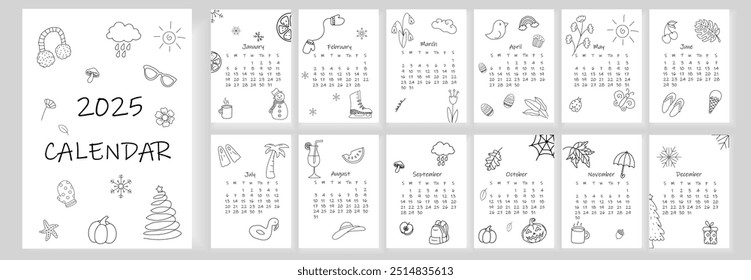 Kalenderdesign 2025. Doodle Kalender Planer minimalen Stil, jährliche Organisator. Vektorgrafik	