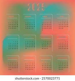 2025 calendar design featuring a vibrant and colorful gradient background. The week begins on Sunday. Flat design. Removable calendar for the month. Vector illustration