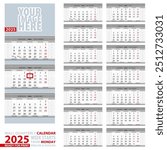 2025 Calendar, design in gray color. Wall quarterly calendar 2025, English and Russian language. Week start from Monday, ready for print. Vector Illustration.