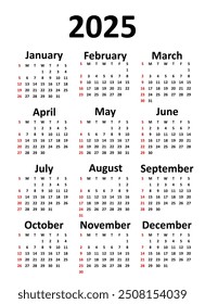 2025 calendar design with holidays or red date. week starts on sunday. printable, simple, and clear vector design.