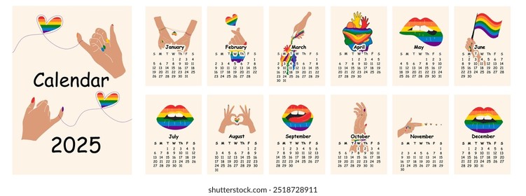 2025 calendar design with lgbt symbol. Hand drawn calendar planner annual organizer. 	